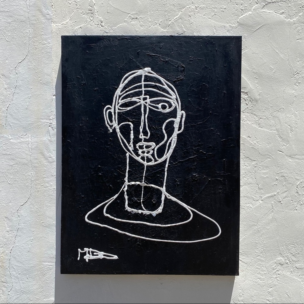 Big black bg w white line work single face design.